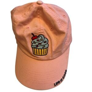 Life is Good Hat Kids Pink Cupcake Embroidered Pretty Sweet Hook Loop Strap